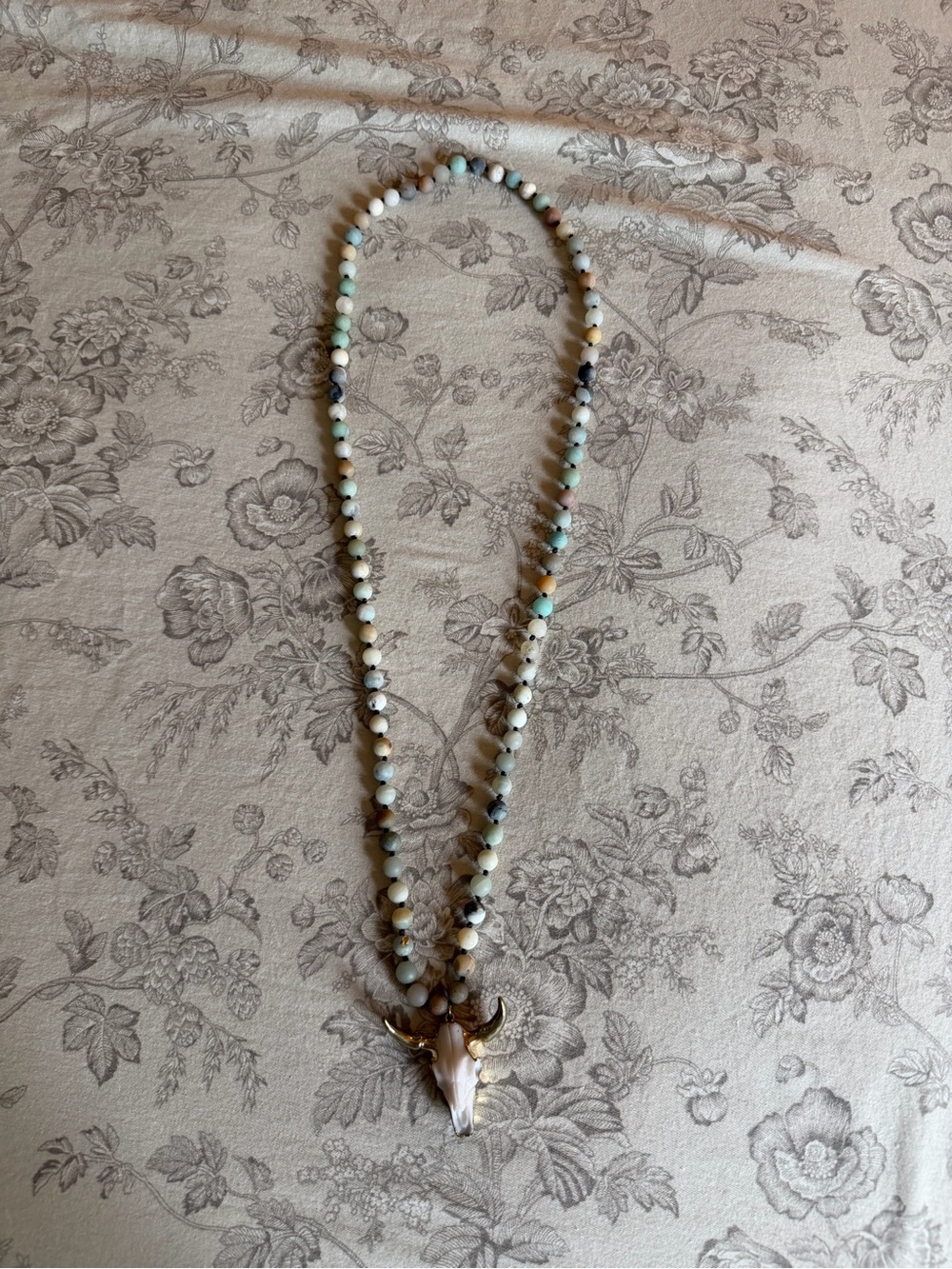 Beaded Stone Necklace with Horned Pendant - Multi-Color